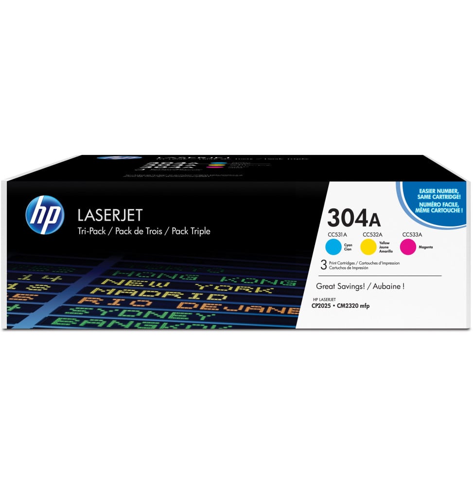 HP 304A Cyan/Magenta/Jaune (CF372AM) - Pack de 3 toners couleur HP LaserJet d'origine