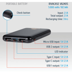 Batterie portable rechargeable Rivacase Rivapower VA2405 5000 mAh