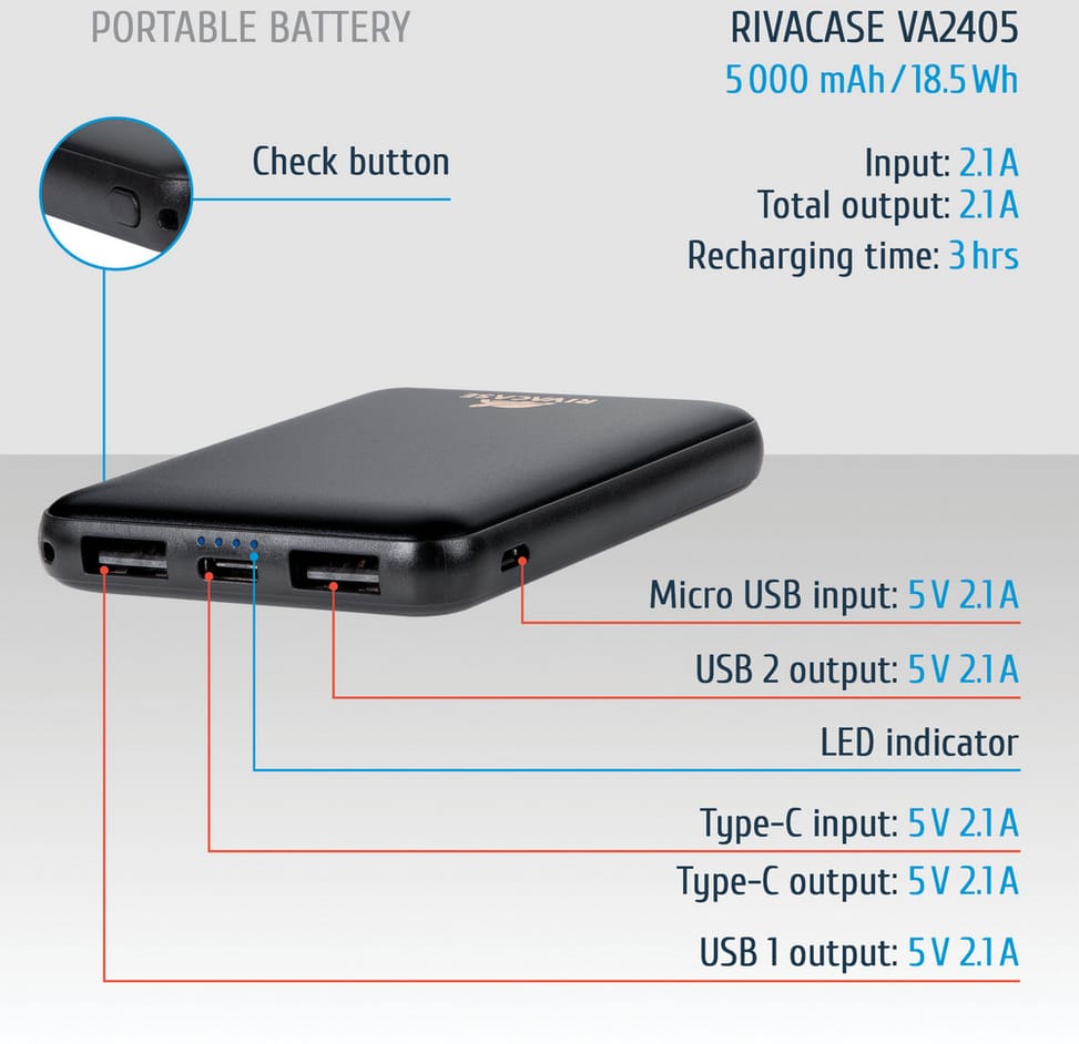 Batterie portable rechargeable Rivacase Rivapower VA2405 5000 mAh