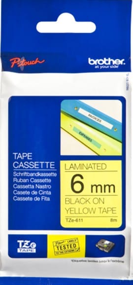 Cassette à ruban Brother TZe-611 - Noir sur Jaune, 6 mm de large / 8 m de long — image 1