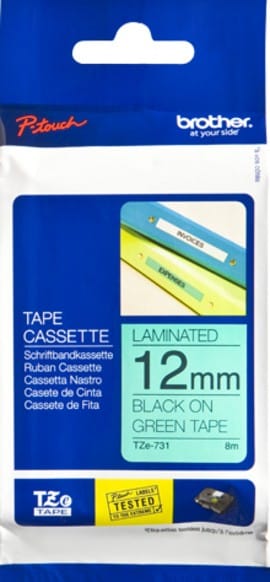 Cassette à ruban Brother TZe-731 - Noir sur Vert, 12 mm de large / 8 m de long