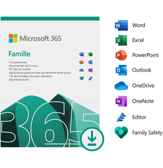 Microsoft 365 Famille Français - abonnement 12 mois pour 6 personnes (PC, Mac, iOS et Android) (6GQ-01574)