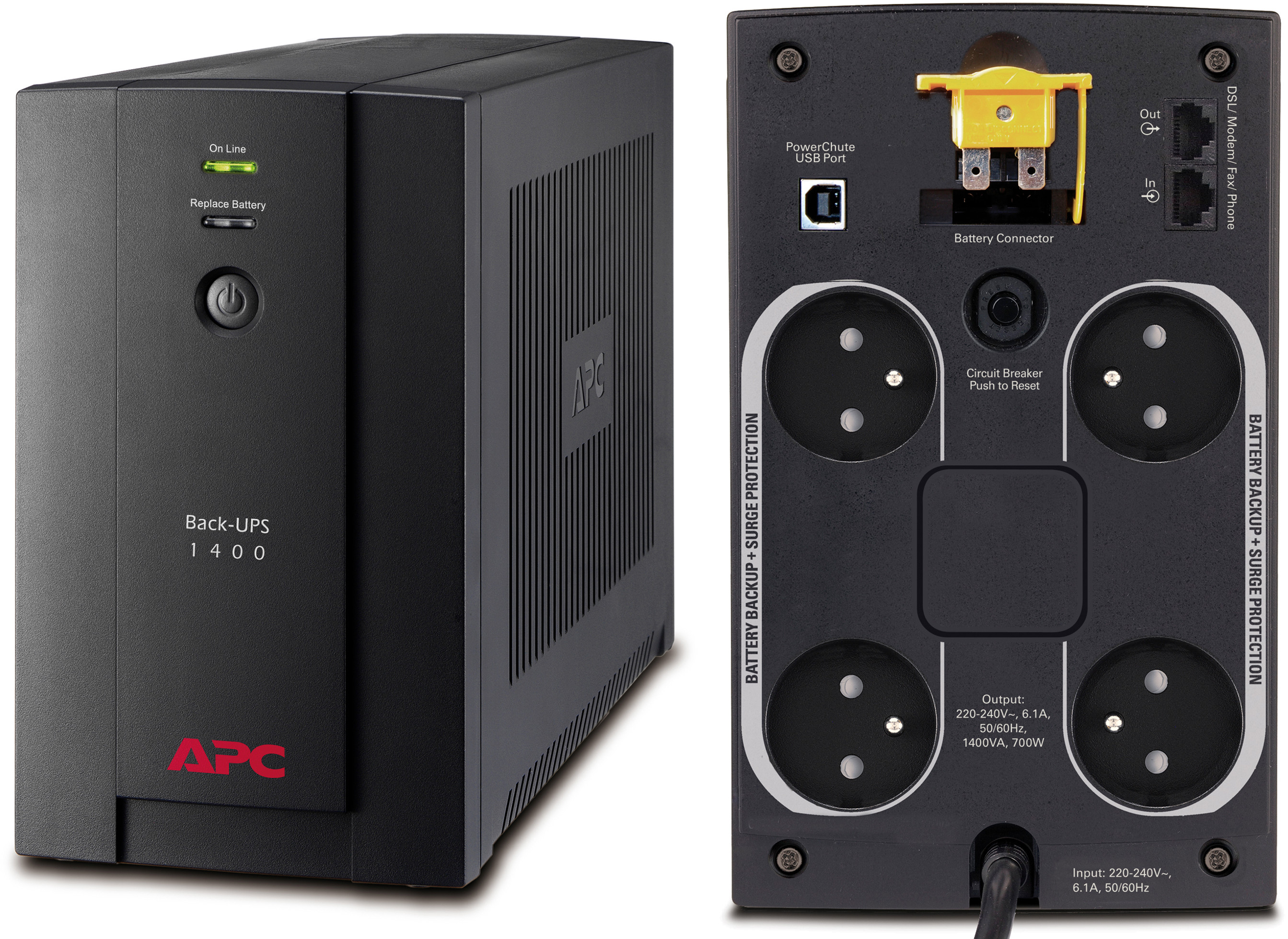 APC APC Back-UPS BX AVR, 4 Prises FR, USB, Logiciel BX1400U-FR Onduleur 1400VA 