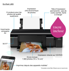 Epson EcoTank L805 Imprimante Photo à 6 réservoirs rechargeables (C11CE86402)