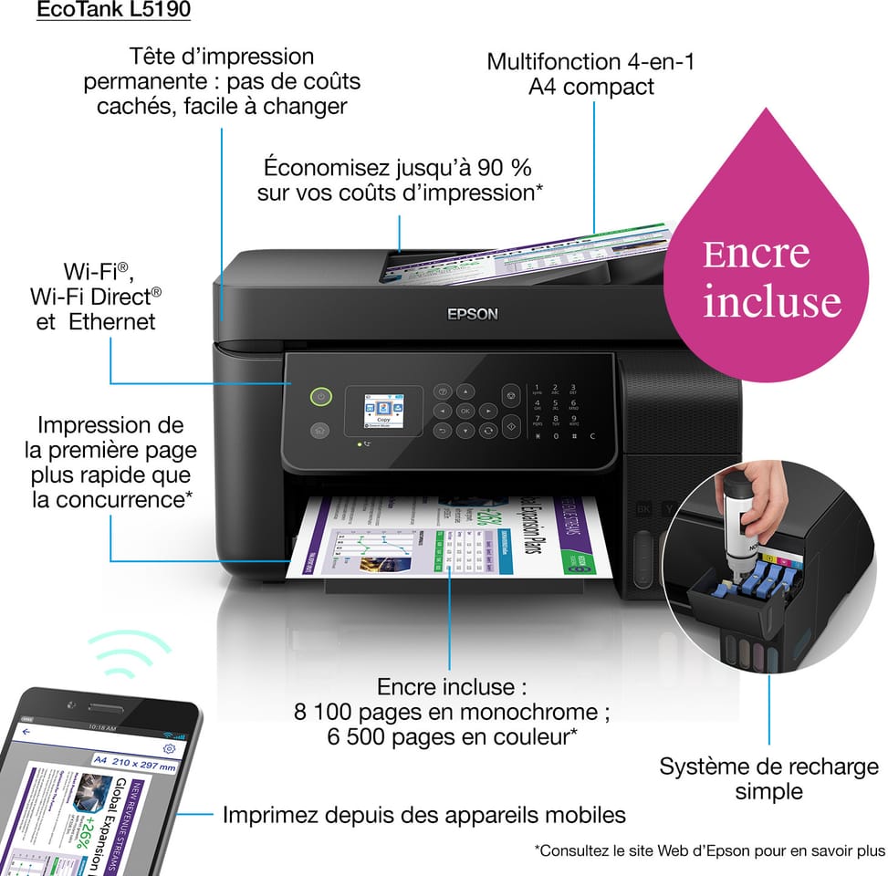 Epson EcoTank L5190 Imprimante multifonction à réservoirs rechargeables (C11CG85404)