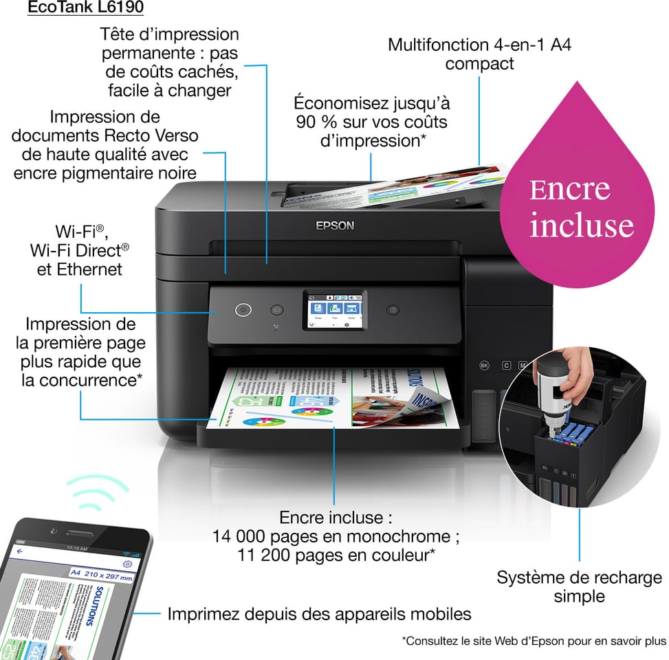 Epson EcoTank L6190 Imprimante multifonction à réservoirs rechargeables (C11CG19403)