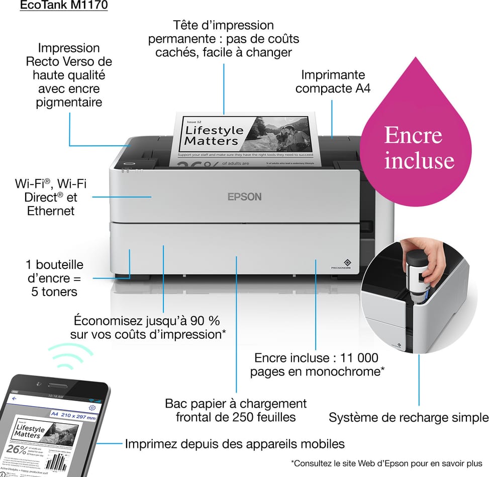 Epson EcoTank M1170 Imprimante monochrome à réservoirs rechargeables (C11CH44403)