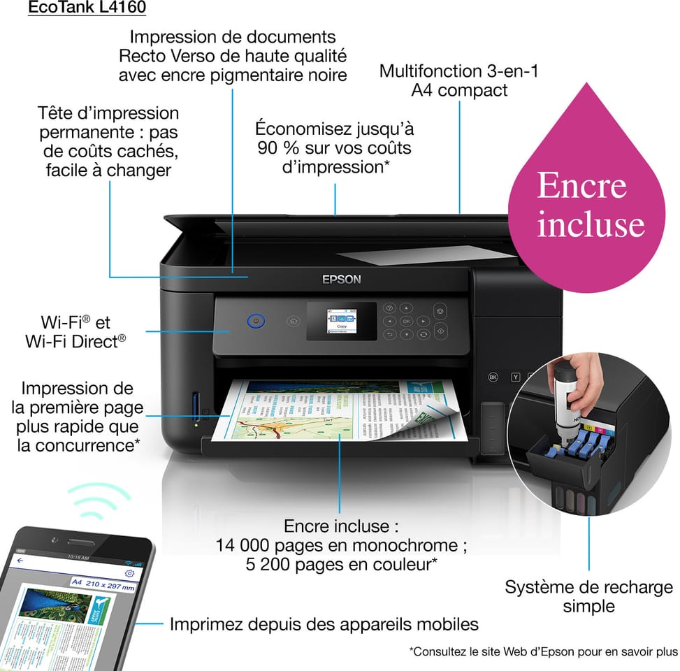 Epson EcoTank L4160 Imprimante multifonction à réservoirs rechargeables (C11CG23402)