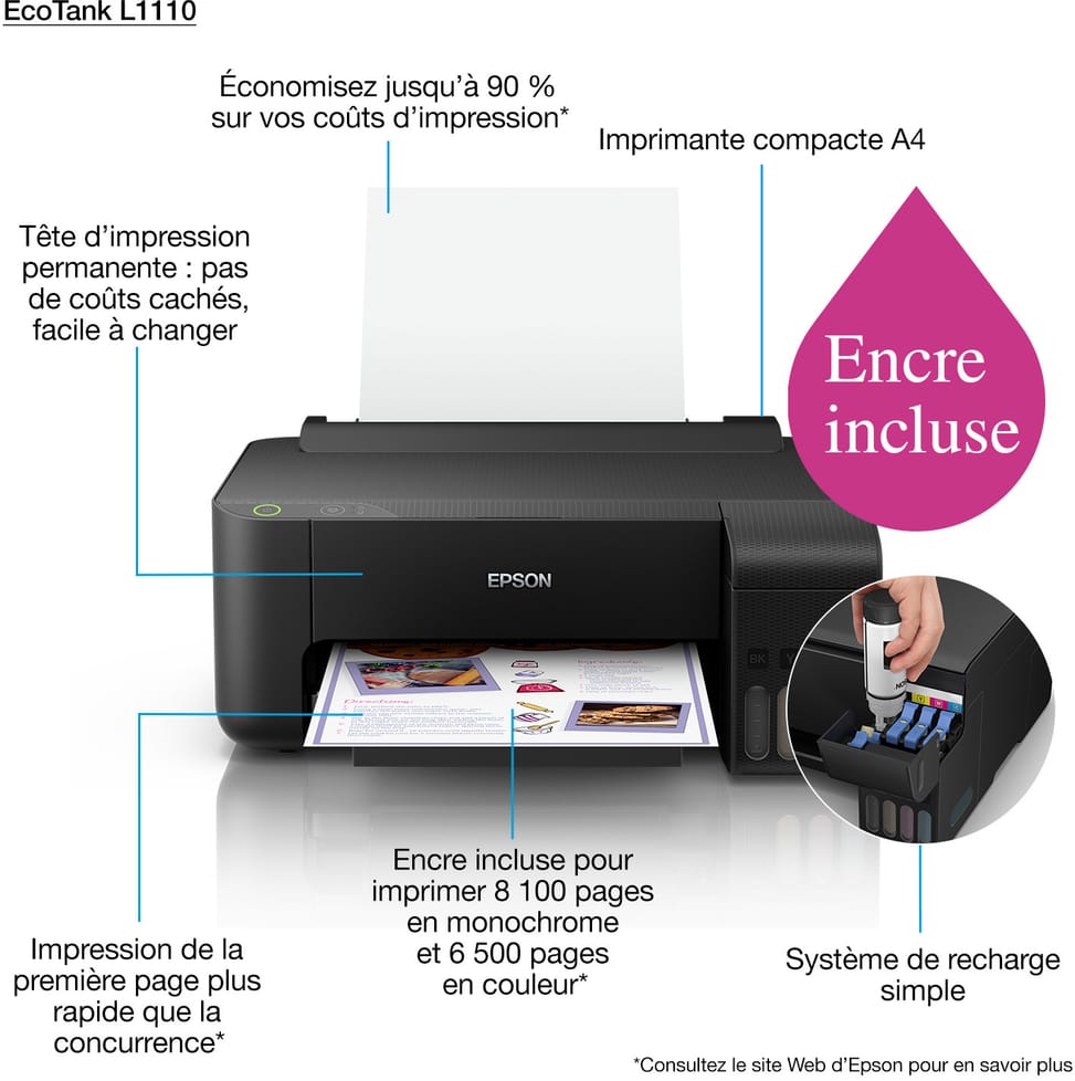 Epson EcoTank L1110 Imprimante à réservoirs rechargeables (C11CG89402)