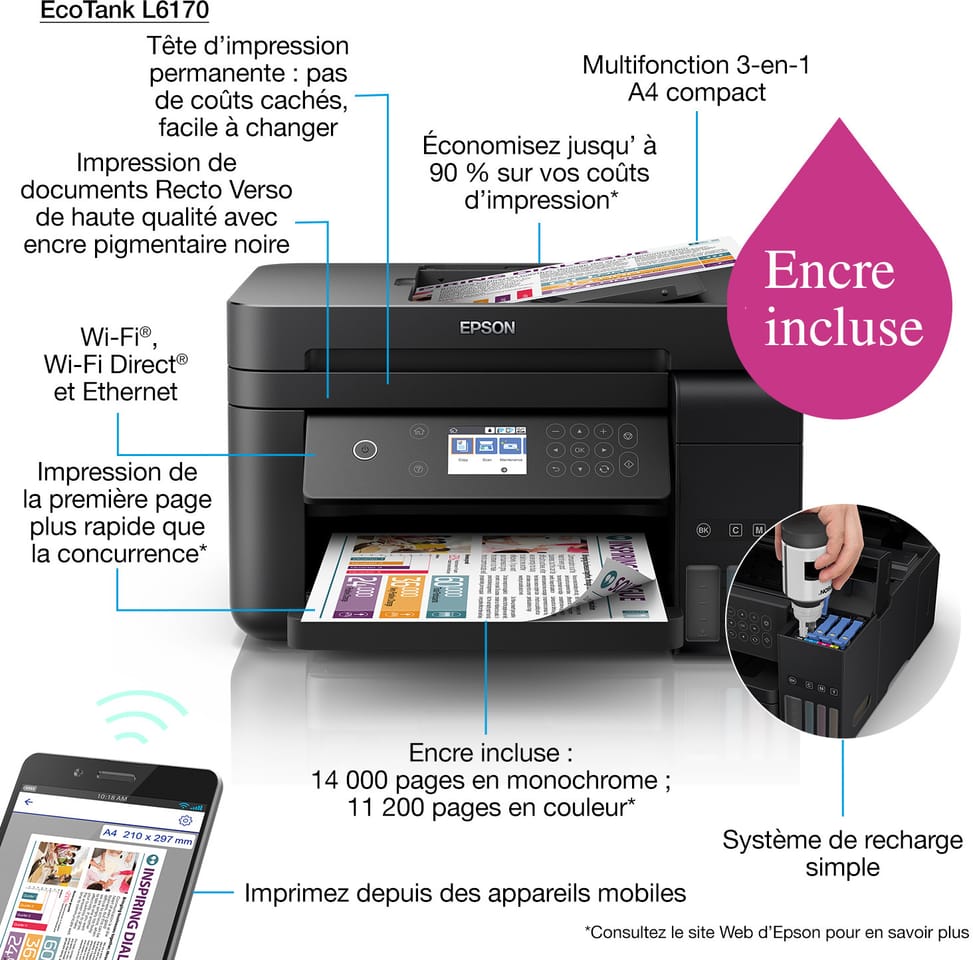 Epson EcoTank L6170 Imprimante multifonction à réservoirs rechargeables (C11CG20403)