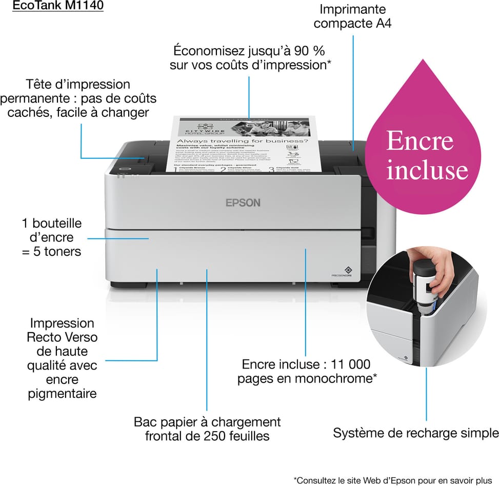 Epson EcoTank M1140 Imprimante monochrome à réservoirs rechargeables (C11CG26404)