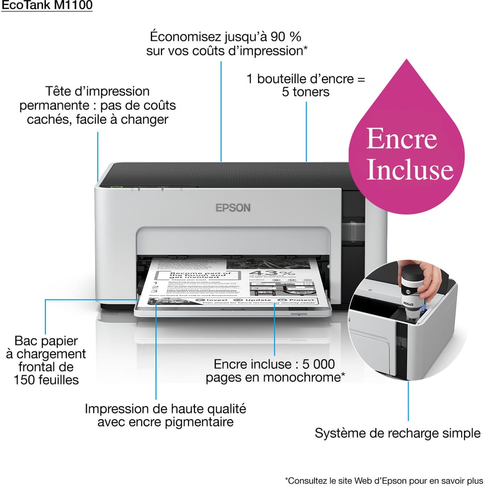 Imprimante Monochrome Epson EcoTank M1100 à réservoir rechargeable  (C11CG95404)