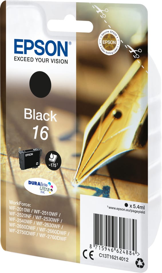 Cartouche Epson "Stylo à plume" 16 Noir - Encre DURABrite Ultra (C13T16214012)