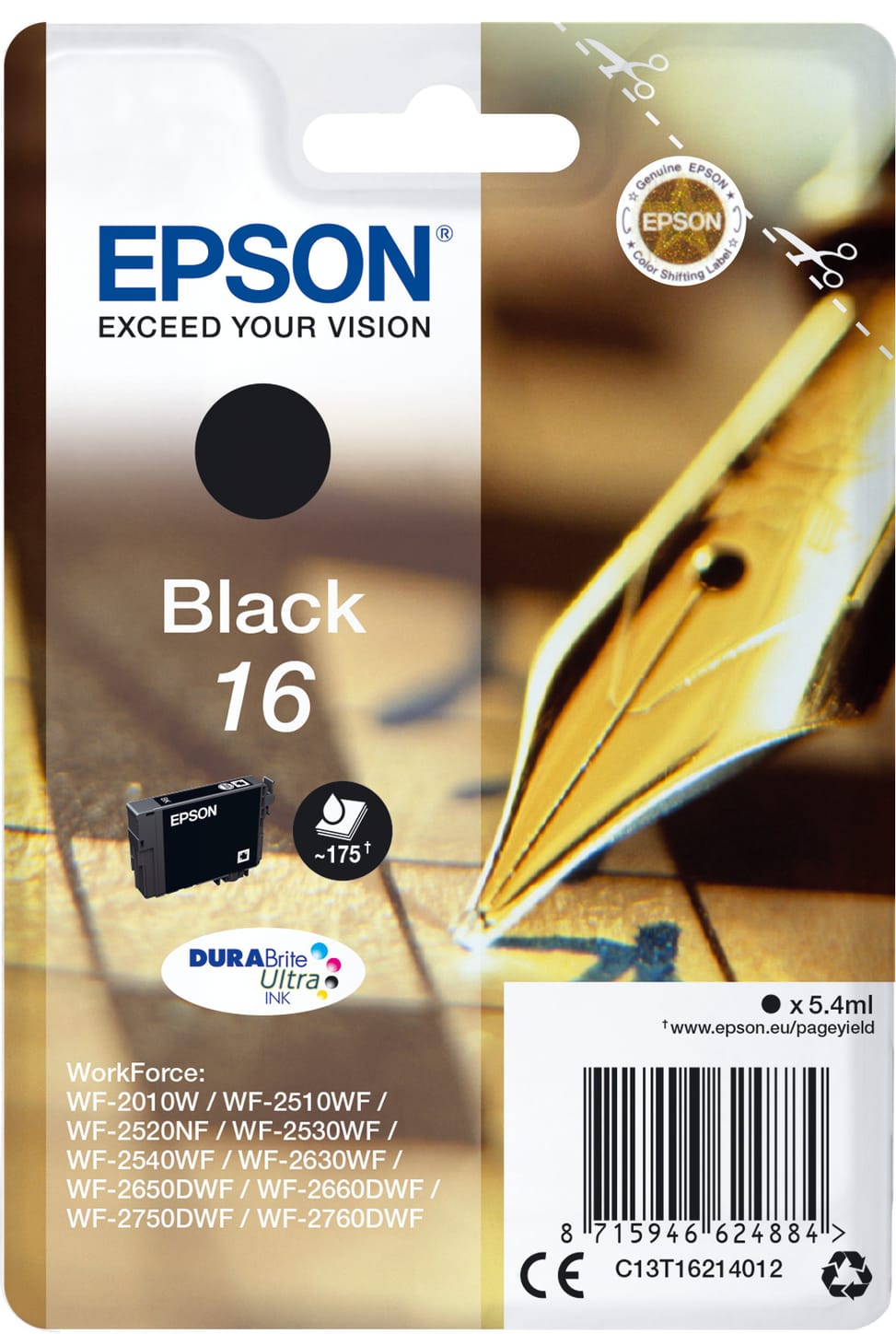 Cartouche Epson "Stylo à plume" 16 Noir - Encre DURABrite Ultra (C13T16214012)