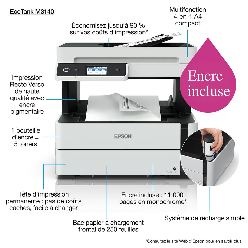 Epson EcoTank M3140 Imprimante multifonction à réservoirs rechargeables (C11CG91404)