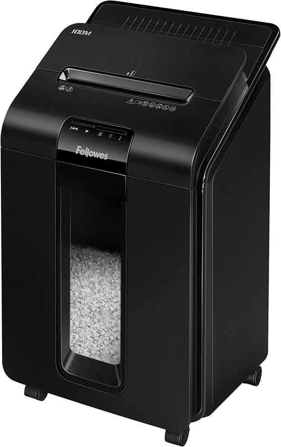 Destructeur Fellowes AutoMax™ 100M — Sécurité P-4 · 23 L · chargeur auto 100 feuilles
