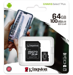 Carte mémoire Kingston Canvas Select Plus microSD - 64Go - Avec Adaptateur SD (SDCS2_64GB)