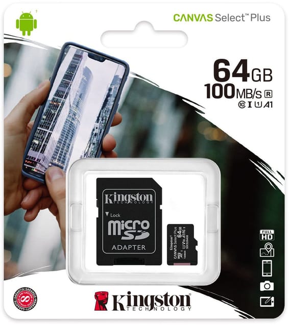 Carte mémoire Kingston Canvas Select Plus microSD - 64Go - Avec Adaptateur SD (SDCS2_64GB)