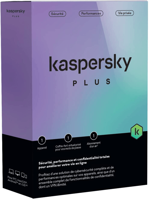 Kaspersky Plus (équivalent à Internet Security) - 1 Poste / 1 an (KL10428BAFS-FFPMAG)