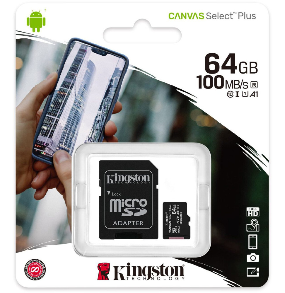 Carte mémoire Kingston Canvas Select Plus 64 Go MicroSDXC UHS-I Classe 10  (SDCS2/64GB) prix Maroc