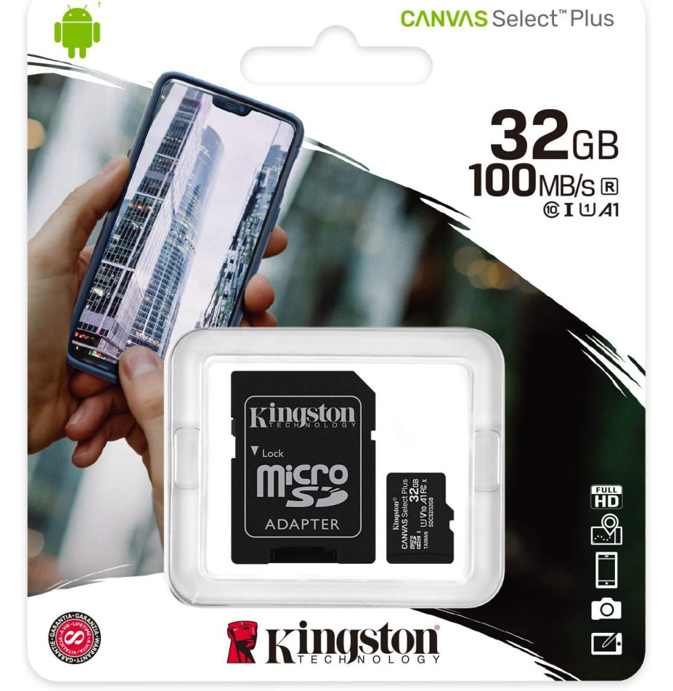 Carte mémoire Kingston Canvas Select Plus 32 Go MicroSDHC UHS-I Classe 10 (SDCS2/32GB)