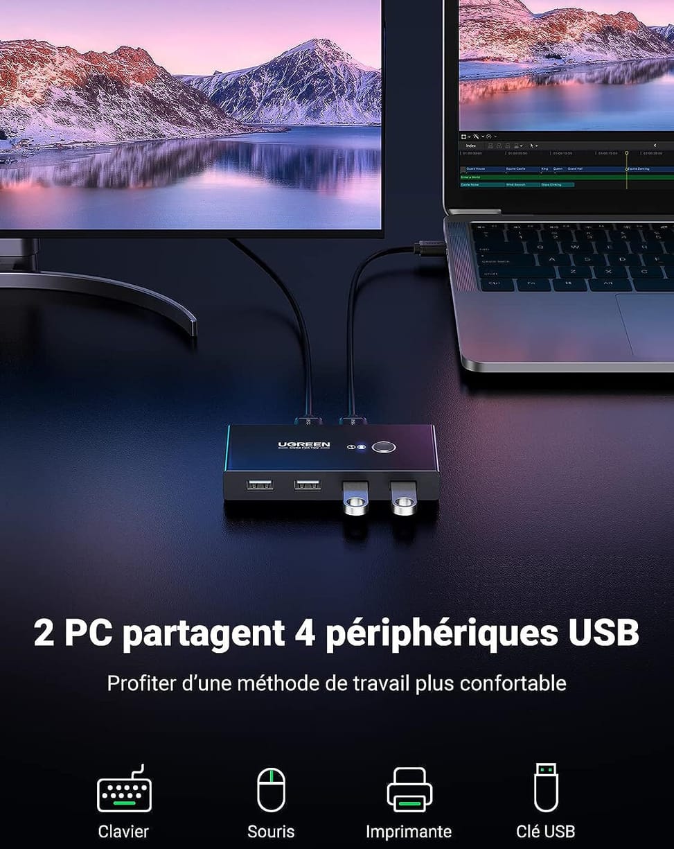 Switch Commutateur USB 2.0 Ugreen 4 Ports pour 2 PC 2 Entrées 4 Sorties USB (30767) — image 3