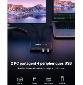 Switch Commutateur USB 2.0 Ugreen 4 Ports pour 2 PC 2 Entrées 4 Sorties USB (30767)