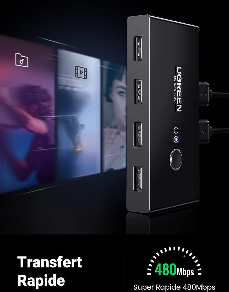 Switch Commutateur USB 2.0 Ugreen 4 Ports pour 2 PC 2 Entrées 4 Sorties USB (30767) — image 4