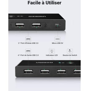 Switch Commutateur USB 2.0 Ugreen 4 Ports pour 2 PC 2 Entrées 4 Sorties USB (30767)