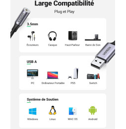 Câble Ugreen USB-A vers port audio jack 3.5 mm (30757)