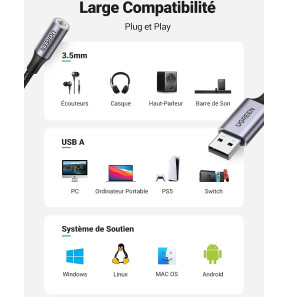 Câble Ugreen USB-A vers port audio jack 3.5 mm (30757)