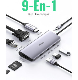 Hub USB-C Ugreen 9 en 1 Dock Multi Ports Supporte PD (Power Delivery) (40873)
