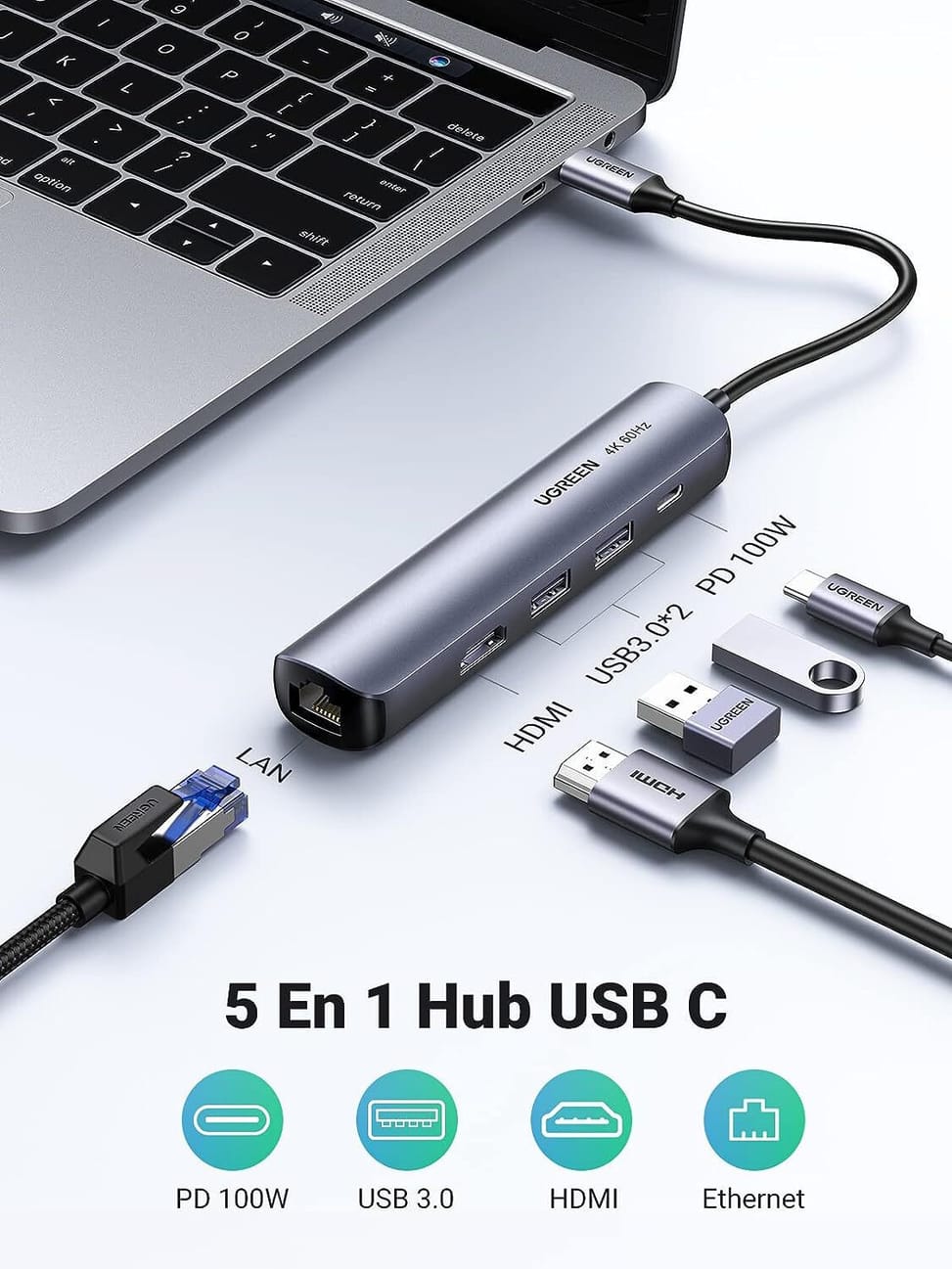 Hub USB-C Ugreen 5 en 1 Supporte PD (Power Delivery) 100W Recharge (10919) — image 2