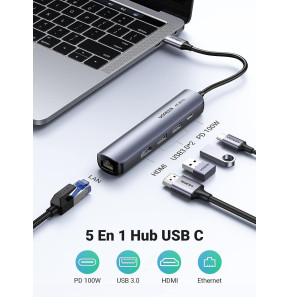 Hub USB-C Ugreen 5 en 1 Supporte PD (Power Delivery) 100W Recharge (10919)