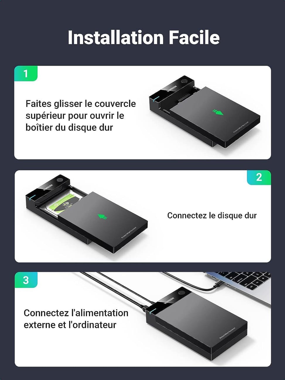 Boitier externe Ugreen USB 3.0 SATA 2.5 et 3.5 HDD/SSD (50422) — image 3