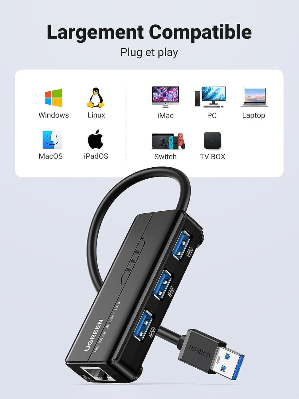 موزع USB 3.0 Ugreen 4 في 1 بمنفذ RJ45 (20265) — صورة 4