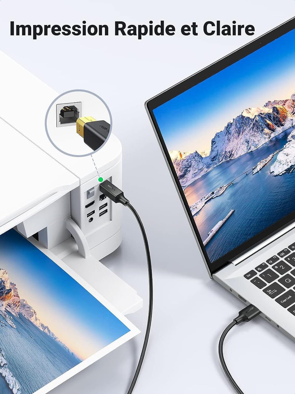 Câble Ugreen imprimante USB 2.0 A Mâle vers USB B Mâle - 2 mètres (20847) — image 3
