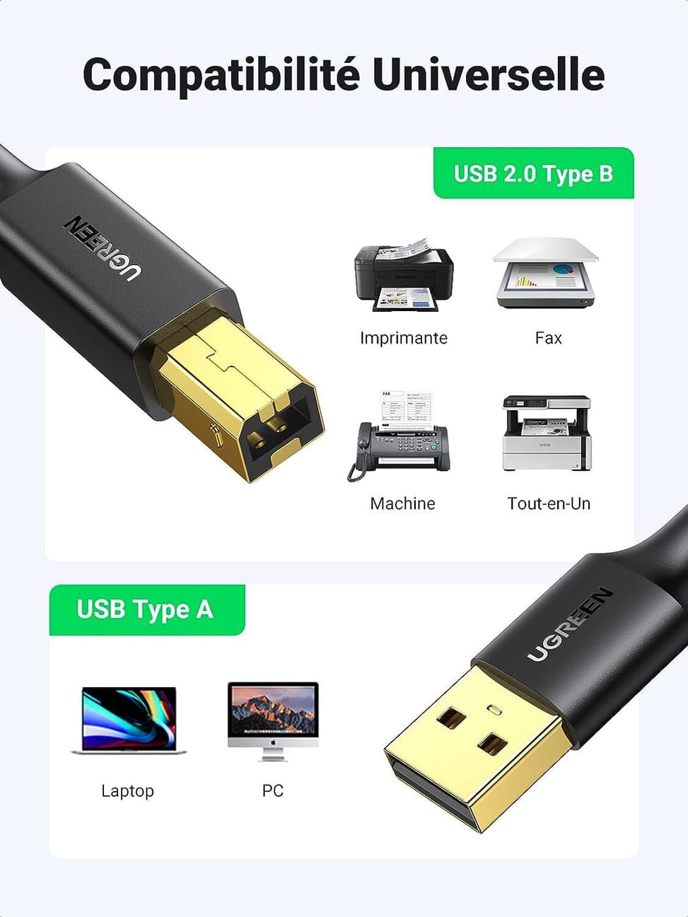 Câble Ugreen imprimante USB 2.0 A Mâle vers USB B Mâle - 2 mètres (20847) — image 2
