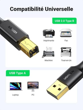 Câble Ugreen imprimante USB 2.0 A Mâle vers USB B Mâle - 2 mètres (20847) — image 2
