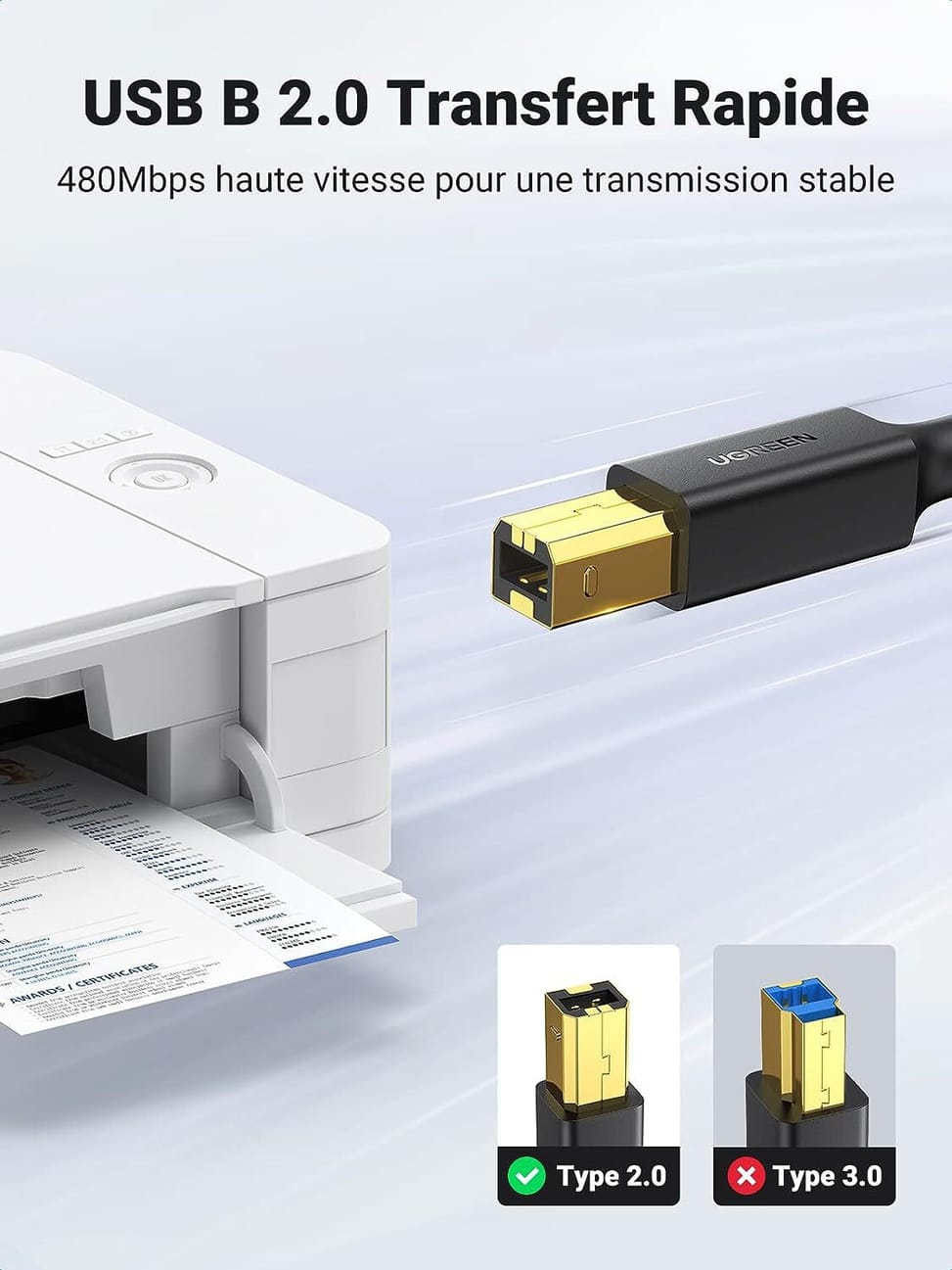 Câble Ugreen imprimante USB 2.0 vers USB B Mâle - 3 mètres (10351) — image 3