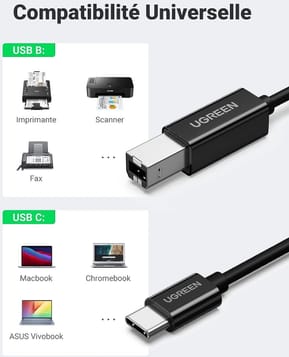Câble Ugreen imprimante USB-C vers USB B Mâle Noir - 2 mètres (50446) — image 2