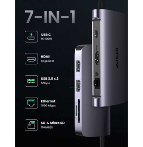 Hub USB-C Ugreen USB-C 7 en 1 Supporte PD (Power Delivery) 100W Recharge (50852)