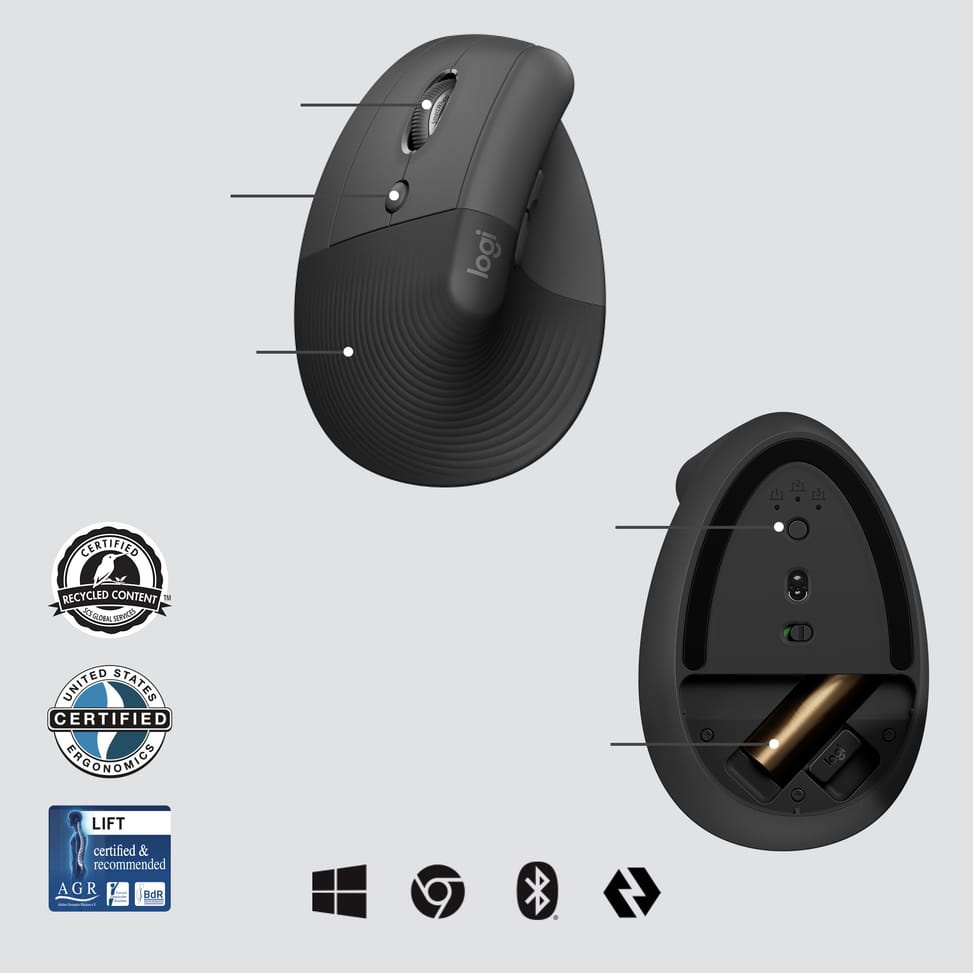 Logitech Lift for Business souris Gauche RF sans fil + Bluetooth Optique 4000 DPI (910-006495) — image 5