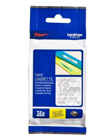 Brother Ruban pour étiqueteuse 12mm Ruban laminé de 12 mm de large, blanc sur transparent, 8 m (TZE-135)