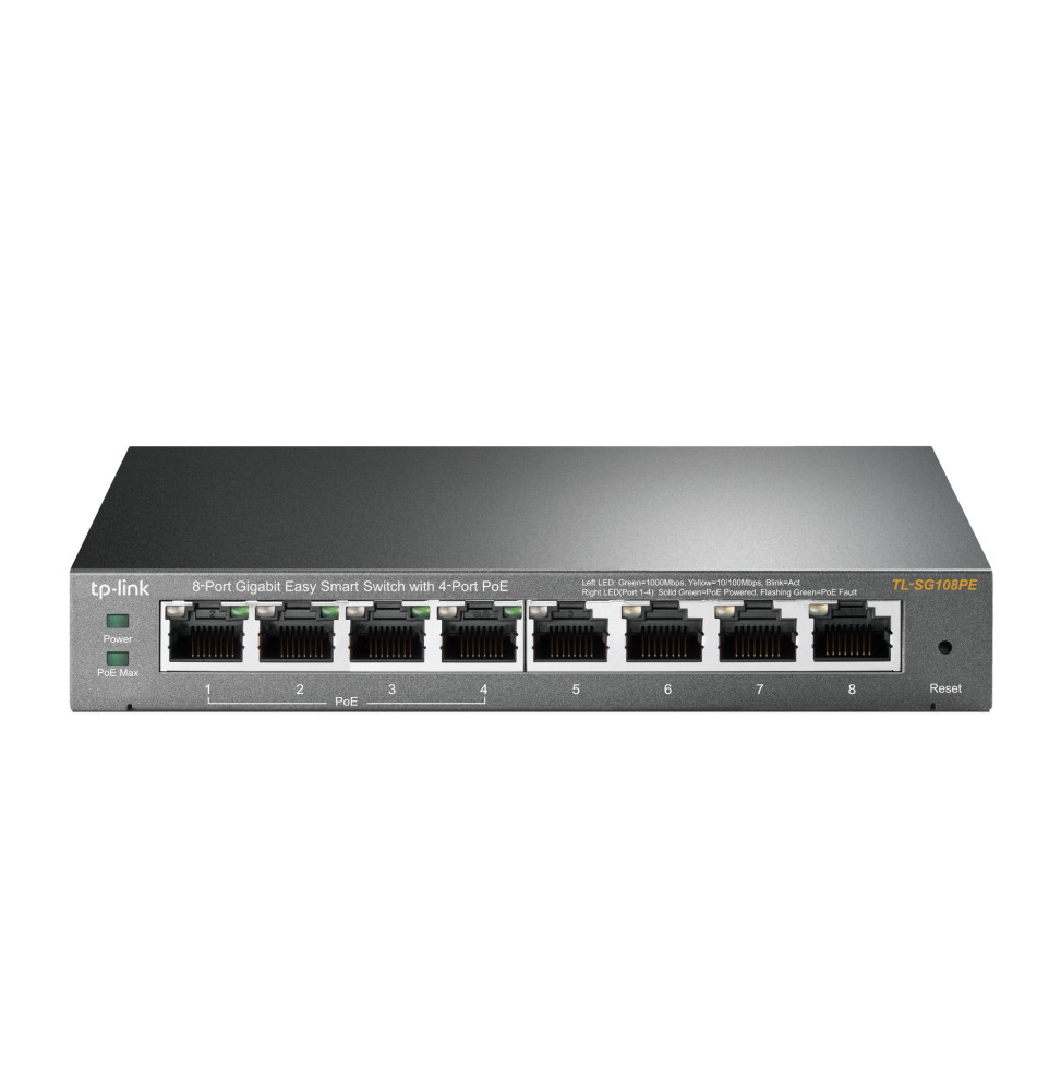 TP-Link TL-SG108PE Géré L2 Gigabit Ethernet (10/100/1000) Connexion Ethernet, supportant l'alimentation via ce port (PoE) Noir