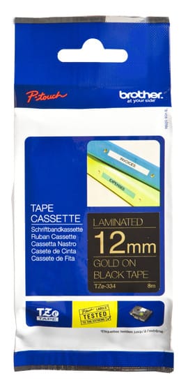 Brother Ruban pour étiqueteuse 12mm Ruban laminé de 12 mm, doré sur noir, 8 m (TZE334)