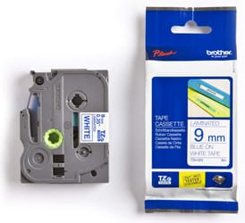Brother Ruban pour étiqueteuse 9mm Ruban laminé de 9 mm de large, bleu sur blanc, 8 m (TZE223)