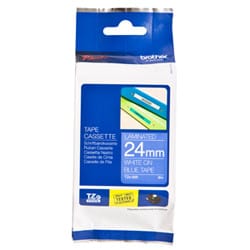 Brother Ruban pour étiqueteuse 24mm Ruban laminé de 24 mm, blanc sur bleu, 8 m (TZE555)