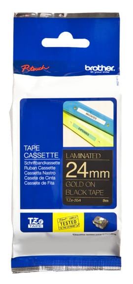 Brother Ruban pour étiqueteuse 24mm Ruban laminé de 24 mm, doré sur noir, 8 m (TZE354)