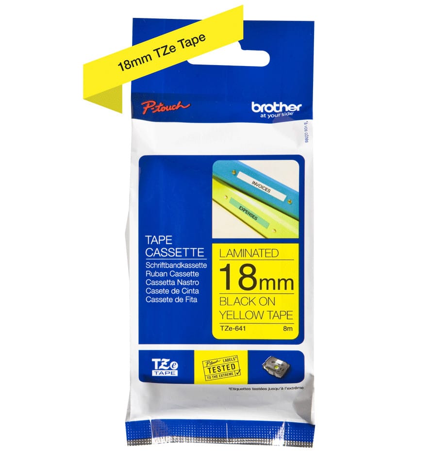 Brother Ruban pour étiqueteuse 18mm Ruban laminé de 18 mm de large, noir sur jaune, 8 m (TZE-641) — image 2